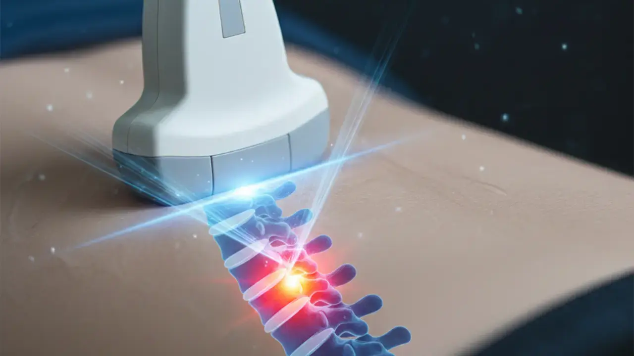 Profissional de saúde realizando intervenção para lombalgia utilizando ultrassom guiado, focando na precisão do tratamento e alívio da dor lombar.