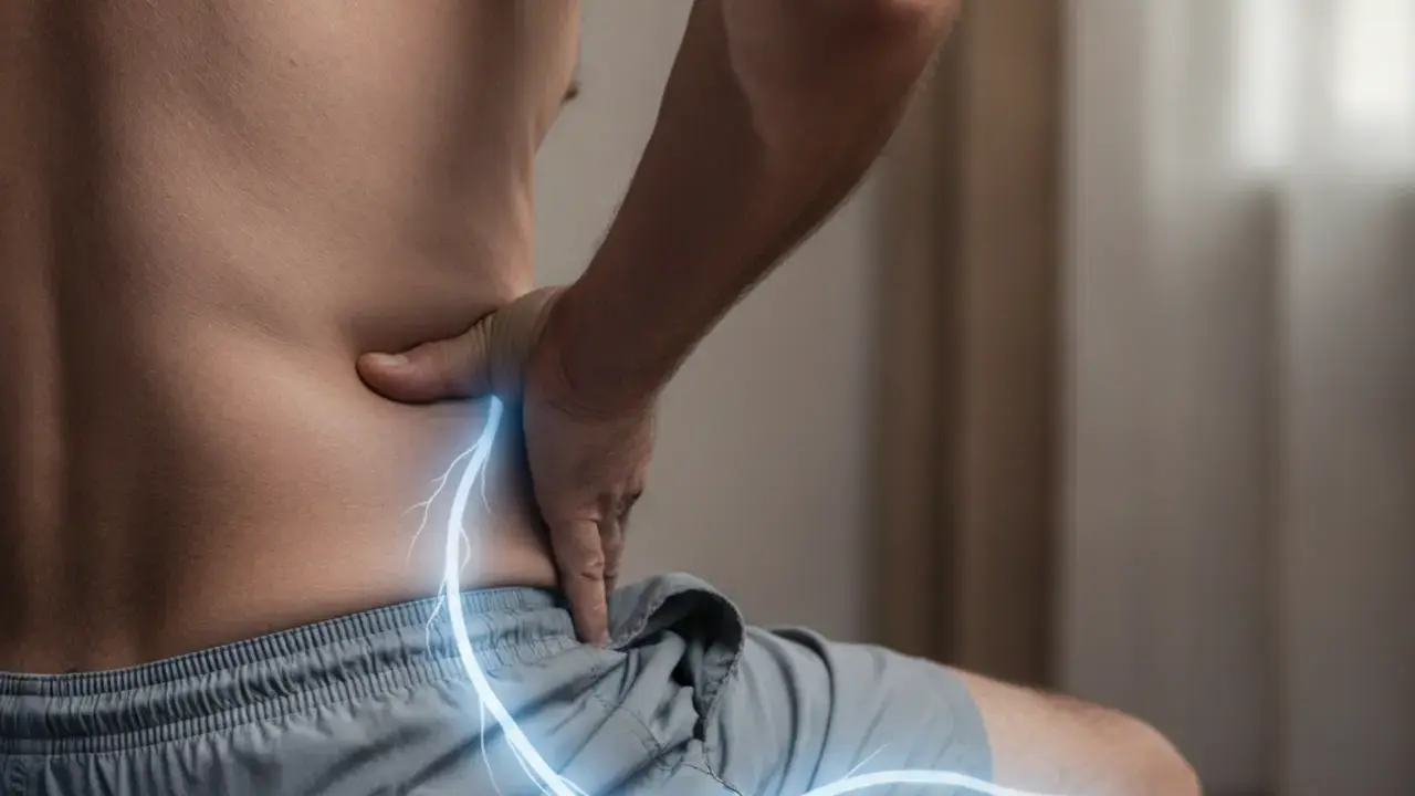 Imagem ilustrativa de uma pessoa sentindo dor irradiada da lombar para a perna, representando os sintomas de radiculopatia, como formigamento e fraqueza, um sinal importante para lombalgia em idosos.