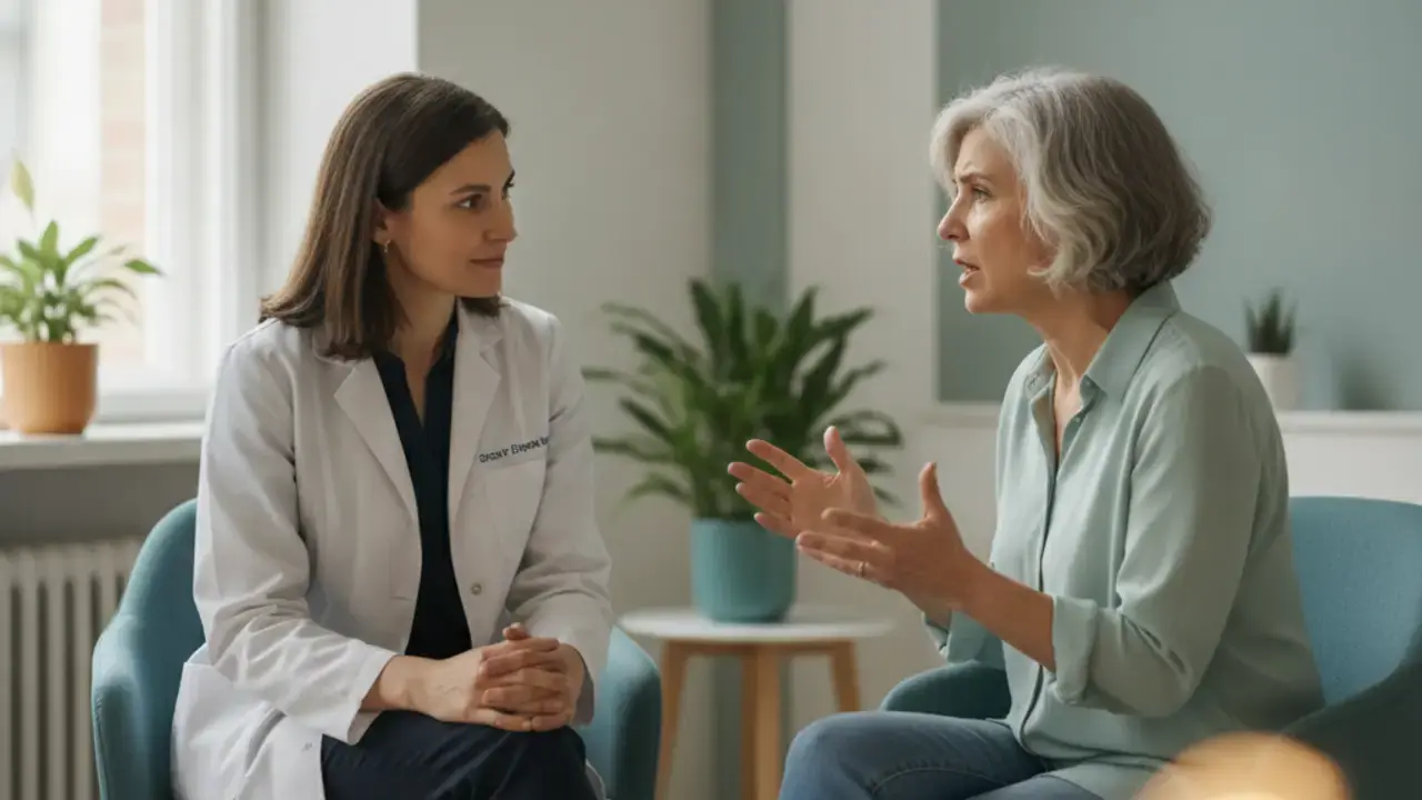Dra. Isabella Gomes conversando detalhadamente com paciente sobre histórico e sintomas de enxaqueca para manejo integrado.