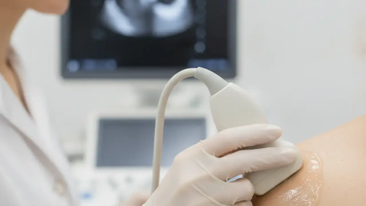 Médica utilizando ultrassom para mapear com precisão a origem da dor crônica, guiando tratamentos intervencionistas.