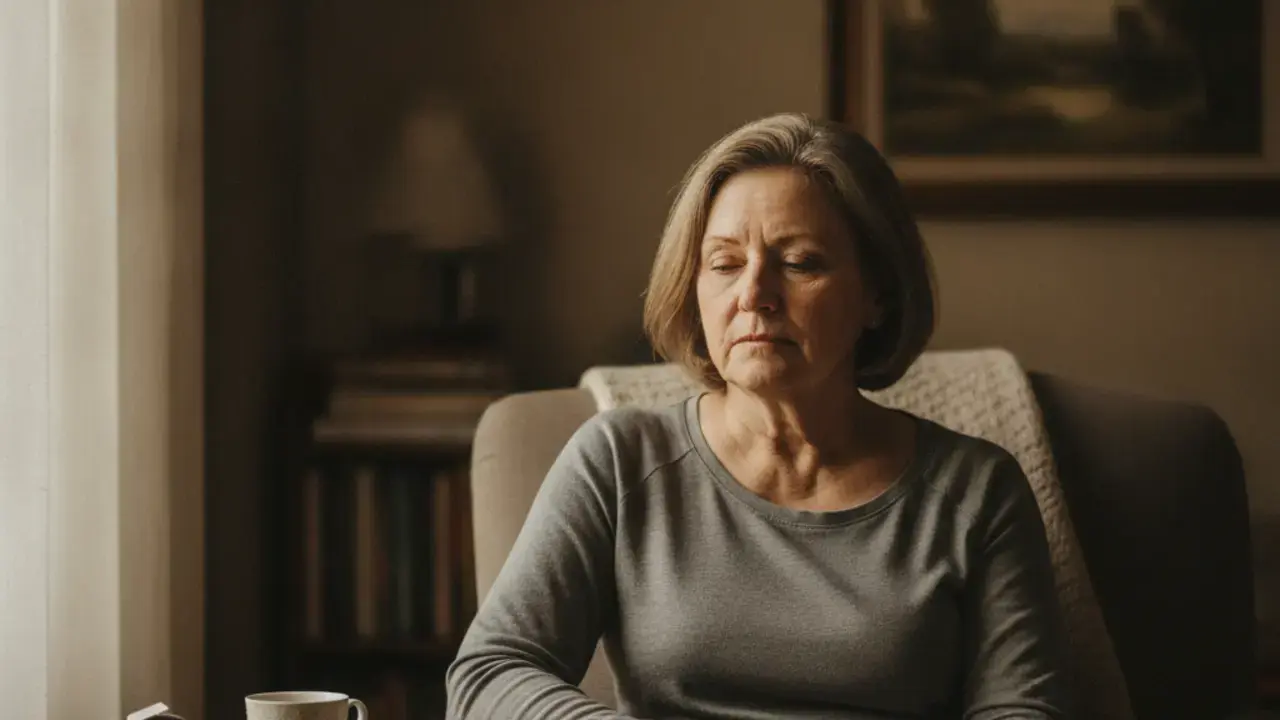 Mulher com 50-60 anos sentindo dor de cabeça intensa, ilustrando as crises de enxaqueca mais fortes nessa faixa etária.