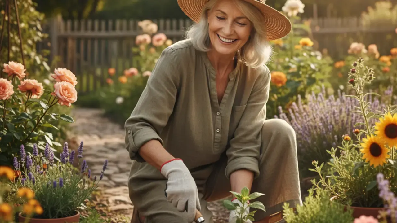 Mulher mais velha sorrindo enquanto cuida de plantas, ilustrando a recuperação da qualidade de vida e a volta às atividades diárias sem dores de enxaqueca.